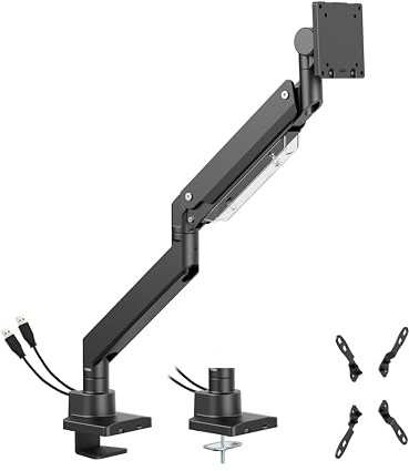 HATAIM Ultrawide Gas Spring Monitor Arm, Heavy Duty Desk Stand 27kg, Fits Flat/Curved Screen 17”-57”, Vesa Mount 75x100x200, Vesa Adaptors, USB 3.0 & USB C Ports, Optimized Tilt, Gaming Monitor Mount