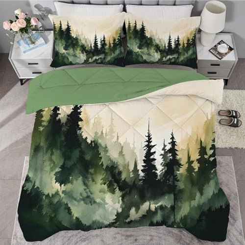 buyluhn Bettdecke 135x200 Ohne Bezug Nutzbar，4 Jahreszeiten Bettdecken Grün Wald Kinder Steppdecke Kunst Ganzjahresdecke，Waschbar Bettzeug mit 1 Kissenbezug für Sommer Winter