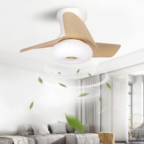 Ventiladores de techo pequeños de 24 con luces y control remoto, función de memoria y luces de techo regulables, luz de ventilador de perfil bajo con 3 aspas reversibles de veta de madera para dorm
