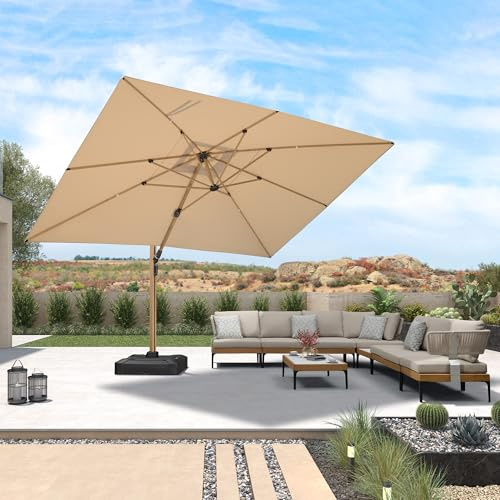 PURPLE LEAF Sonnenschirm XXL 300 x 400 cm Ampelschirm Rechteckig Holzoptik Sonnenschirme mit Kurbel, Gartenschirm 360° Drehbar und Neigbar UV 50+ Schutz, Beige
