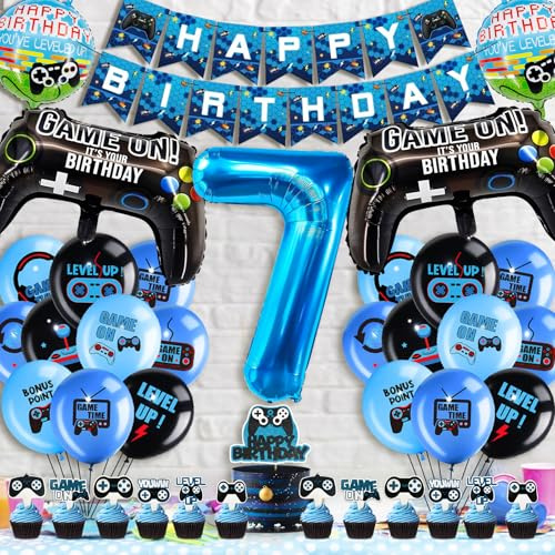 Hierein Videospiel Geburtstag Deko Set 7 Jahre, 37 Pcs Gaming Controller Luftballons Geburtstagsdeko Jungen, Folienballons Kindergeburtstag Deko für Jungen Mädchen, Geburtstag Spielthemen Party