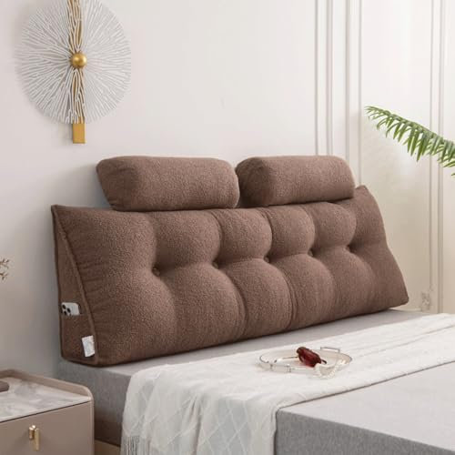 Ergonomisches Keilkissen mit waschbarem Bezug und Nackenrolle, großes Lesekissen für Bett und Sofa, Rückenkissen für Bettbank oder Wand, Kaffee, 180 cm