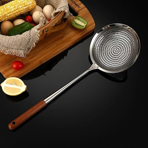 Colador Espumadera Cuchara Ranurada Inoxidable, Mango largo de madera Colador de pasta Escurridor de fideos Cucharas Espumador de cocina Colador de papas fritas Filtro de alimentos Nuevos utensilios d