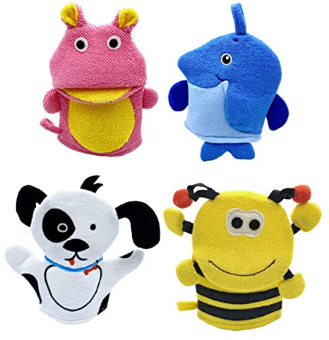 Packung Kinder Badehandschuhe mit Tiermotiven aus Verbundbaumwolle | Leichtes 4 Stück, zum Waschen des Körpers in Dusche und Bad, Kreative Form
