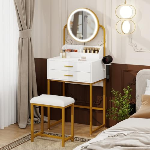 YU YUSING Schminktisch mit Beleuchtung und Hocker, Kleiner Schminktisch mit LED-Spiegel 2 Schubladen 2 Ablagen 55X40CM, Kosmetiktisch Frisiertisch mit Stauraum Sitzhocker für Schlafzimmer, Golden