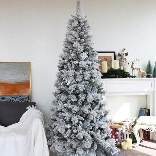 Asinse 210 cm Slim Schneebestäubter Weihnachtsbaum – Premium Qualität Unlit Pencil Klappbar Kiefer Tree, Weiß Heavy Snow Flocking, 850 Branch Spitzen, Kiefer Needles, Easy Assembly