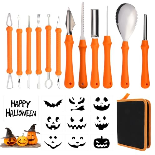 ZYNERY 12 Stück Kürbis Schnitzset, Schnitzwerkzeug Kürbis mit Tragetasche und 10 Vorlagen, Edelstahl Kürbis Schnitzen Werkzeug für Halloween-Dekorationen und DIY-Aktivitäten