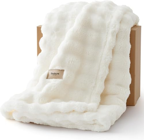 Bedsure Cosy Bubble Fleece Blanket - Soft Plush Throw Blanket for Adults, Lightweight & Warm, Off White, 150x200 cm for Sofa Throw, Bed, Gift Idea