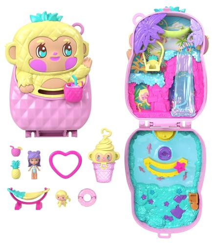 Polly Pocket Estuche Mono de piña, Conjunto de Juego con muñeca, Juguete de Viaje con minimuñeca, una Mascota, una Hamaca y Accesorios temáticos de Frutas, JKC49