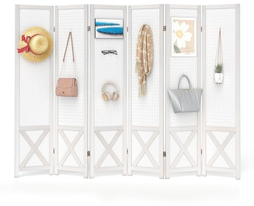 COSTWAY 4/6 Panel Folding Room Divider with Pegboard Display, Freestanding Wall Privacy Screen Protector, Solid Wood Room Partition Paravent Separator for Bedroom Living Room Store (6 Panel-246x170cm)