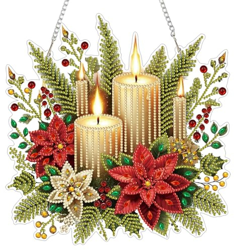 GHHKUD Weihnachtskerzen Diamond Painting Fensterbilder Beidseitige, Diamond Painting Anhänger mit Kette, Diamant Malerei Bilder Kristall Fensterbilder, Wandbehang Kits für Fenster Wand Decor