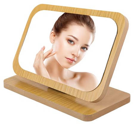 MYLERCT Standspiegel Klein, Holzrahmenmake up Spiegel，90° Drehbarer | Faltbare Schmink Spiegel, Verdickter Holzsockel für stabilen Stand, Aluminiumglas mit klarem Bild, für Bad, Wohnheim & Reise