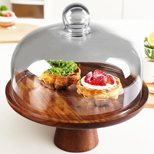 LYHOE Soporte para tartas de madera de acacia con tapa, plato redondo de madera de 11 pulgadas con cúpula acrílica transparente, exhibición de pasteles 2 en 1 y plato para servir queso, pasteles