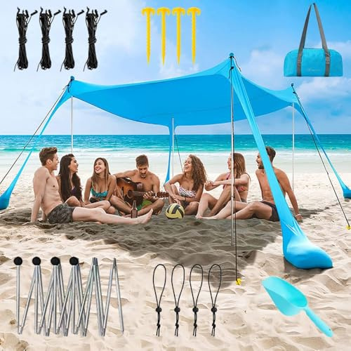 Tenda da Spiaggia 3 X 3 M, Tenda Parasole Spiaggia Portatile, Uv Upf 50+ Ombrellone Portatile Anti Sole Pop-Up con 4 Aste Con Sacco Di Sabbia, Ancora, Per Spiaggia, Picnic, Pesca, Campeggio(A Blue,200