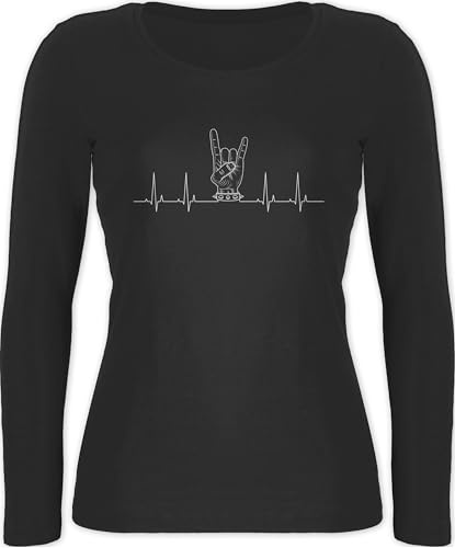 Shirtracer - Langarmshirt Damen - & - Herzschlag Heavy Metal Handzeichen Pommesgabel I Metalfan Geschenk Metal Head I Rockiges Geschenk Rocker I Rock Fan
