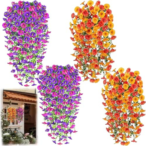 LIUQOBN 4PCS Artificial Trailing Petunias Outdoor UV Resistant, Fade-Proof Fake Hanging Flowers for Baskets, Spring Garden Porch Patio Wedding Decor, Pink Purple & Orange