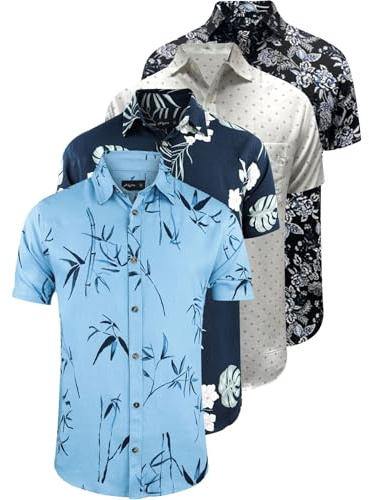 WJL WHISPERING JONES LONDON Mens 4 Pack Hawaiian Shirts Short Sleeve Designer Holiday Summer Floral Palm Tree Beach Casual Printed Top, Pack of 4 - Pack A, XL
