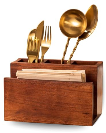 nestroots Silverware Caddy Acacia Wood Utensil, Spoon & Napkin Holder Muliple Organizer Countertop, Cutlery Storage Containers for Kitchen Table, Office, Bedroom