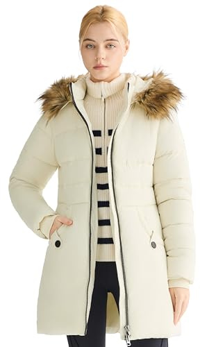 Orolay Womens Winter Puffer Coat Warm Winter Coats Long Thickened Down Jacket Waterproof Puffer Jacket with Hood, Beige, Large