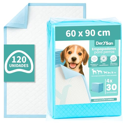 DERYSAN Empapadores Perro 60x90 cm XL, Alta Absorción, 120 Uds | Tecnología de 6 capas · Antifugas · Control de olores hasta 12 h · Ideal para cachorros, incontinencia y recuperación