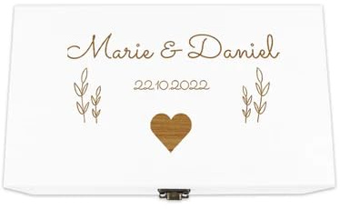 Holzkiste Hochzeit Weiß personalisiert mit Deckel – Personalisierte Holzbox mit Gravur & Wunschtext – Geschenkbox für Brautpaar & Geldgeschenke – Edle Erinnerungsbox aus Holz zur Hochzeit & Dekoration