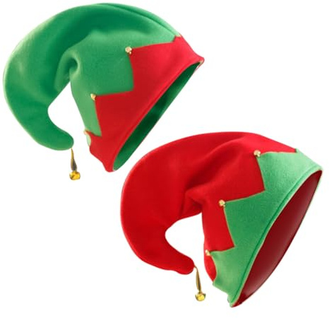 Kisangel 2Pcs Handmade Elf Hats with Bells Christmas Party Headwear for and Adults Festive Red and Green Fannel Caps Holiday Dress-Up Accessories