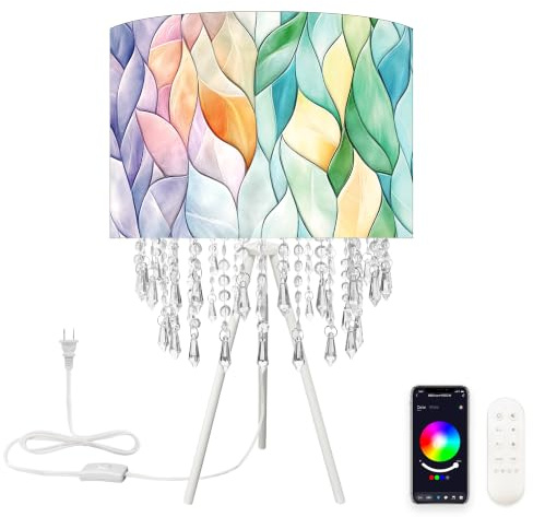 Smart Tripod Table Lamp with Colorful Leaf Drum Shade, Boho Bedside Lamp with Acrylic Droplets, Dimmable Color Changing E27 LED Bulb Included, Works with Alexa & Google Assistant for Bedroom
