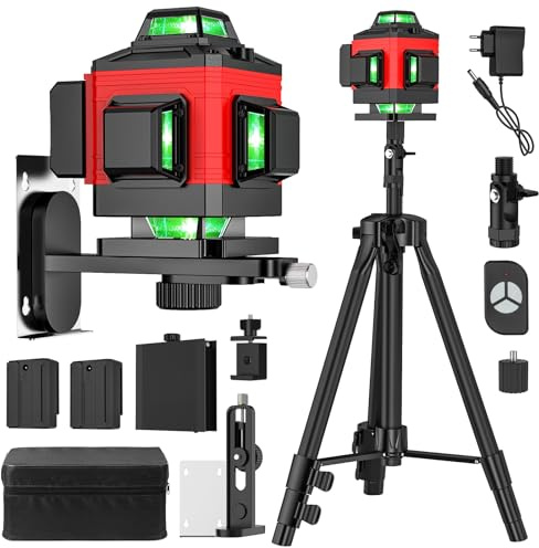 Kreuzlinienlaser mit Stativ 4 x 360 °, 4D 16Linienlaser Grün Kreuzlaser,Laser Wasserwaage mit Selbstnivellierend,Rotationslaser,Laser Nivelliergerät mit 2× 2400mAh Akku,Baulaser für Innenbereich (C)