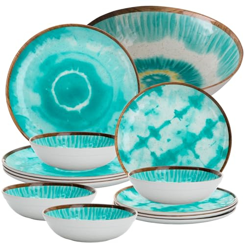 Service de table en mélamine pour 4 personnes – 13 pièces en turquoise – avec saladier – Vaisselle de camping – Passe au lave-vaisselle – Vaisselle en plein air et camping