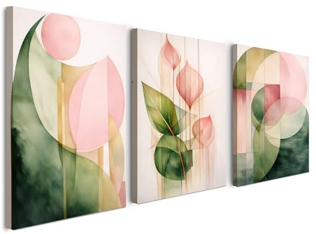 3er Set Wandbild Leinwand 30x40 cm mit Holzrahmen, minimalistisches botanisches Blumen Wandbild, mit Klettverschluss, abstraktes Natur Boho Wanddeko für Wohnzimmer, Schlafzimmer und Büro, HD-Druck