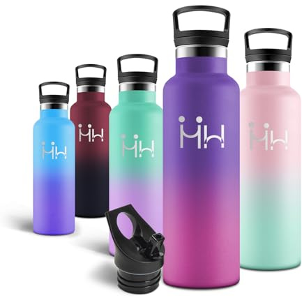 Motswedi Borraccia Termica, 500 ml Senza BPA, Borracce Bambini, Bottiglia Acqua Con Cannuccia e 2 Coperchi, Borraccia Acciaio, 18/8 Acciaio Inossidabile, Borracce - Lilla scuro & Rosso rosa