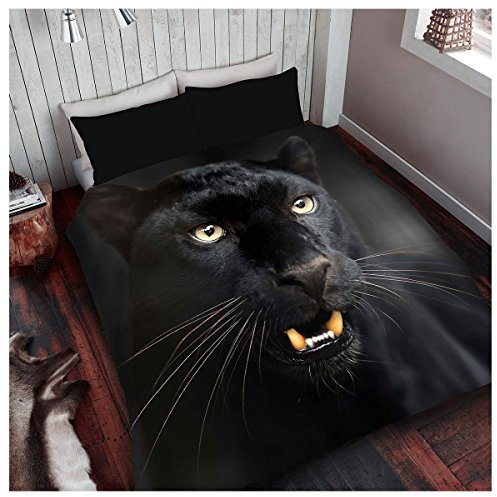 GC GAVENO CAVAILIA WILDLIFE 3D BLACK PANTHER Bed Set with Duvet Cover and Pillow Case, 100% Polyester, Black, Double