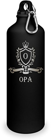 printplanet Trinkflasche mit Namen Opa - graviert mit Wappen Monogramm, Aluminiumflasche mit Gravur, Sportflasche - matt schwarz
