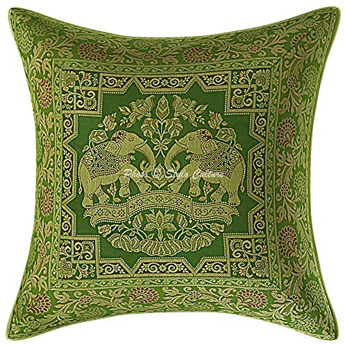 Stylo Culture Indio Fundas Almohadones Decorativa 40x40 cm Brocado De Seda Elefante Fundas De Cojines Sofa Verde Oliva 16x16 Inch Jacquard Cuadrado Cremallera Cojin para La Cama - 1 Pc