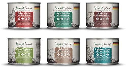 Venandi Animal Premium Nassfutter für Katzen, Probierpaket III, Huhn, Pute, Rind, Huhn + Kaninchen, Kalb, Truthahn, 6 x 200 g, getreidefrei und naturbelassen, 1.2 kg