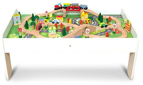 Coemo Spieltisch mit Holz-Eisenbahn Set mit 91 Teilen - Multifunktionstisch für Kinder zum Spielen, Basteln, Bauen und Verbessern der Motorik als tolles Geschenk