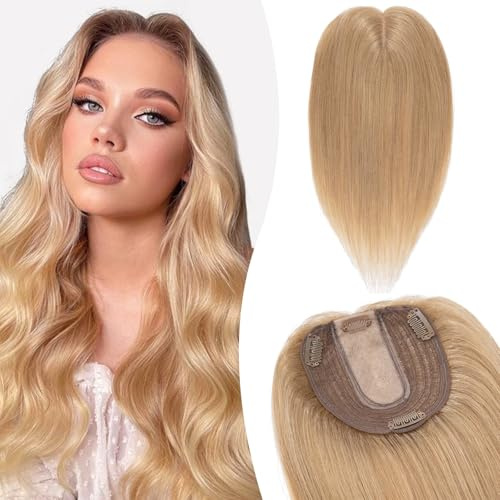Silk-co Hair Topper Echthaar, 10x12cm Basis Toupet Damen, Haartopper Echthaar mit Remy Seide Basis, Haar Topper Clip in Haarteil Extensions, 40cm27# Dunkelblond
