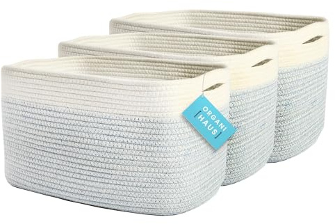 OrganiHaus Set of 3 Woven Storage Baskets for Shelves, Decorative Organizer Bins for Closet & Bathroom, Multipurpose Home Organization Baskets, Toy Storage Basket - Blue/Off-White, 15x9x10 inches