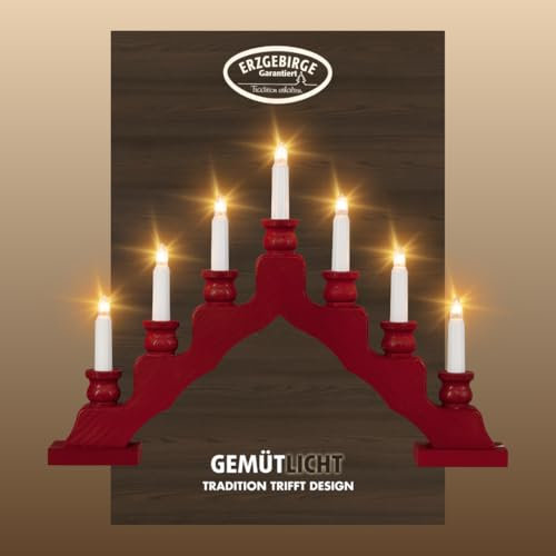 weigla - Schwedenleuchter original Erzgebirge I Trendiger Schwede BORDEAUX I Schwibbogen Weihnachten I 7 Lampenkerzen + 1 Ersatzlampe I 7 x 34 V, 3 W, E10 I Weihnachtsdeko innen I Kiefernholz