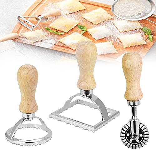 BUENTYA 3 Stück Ravioli Ausstecher Set mit Teigtaschenformer und Teigrädchen Stempel Ravioli Former Pelmeni Raviolischneider Edelstahl Teigausstecher Holzgriff Maultaschenausstecher für Teigtaschen