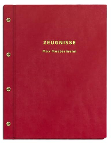 Personalisierte Zeugnismappe in roter Lederoptik mit 2-zeiliger Prägung | für Zeugnisse, Urkunden oder Dokumente in DIN A4 - inkl. 12 Sichthüllen - handgefertigt und personalisierbar mit eigenem Text