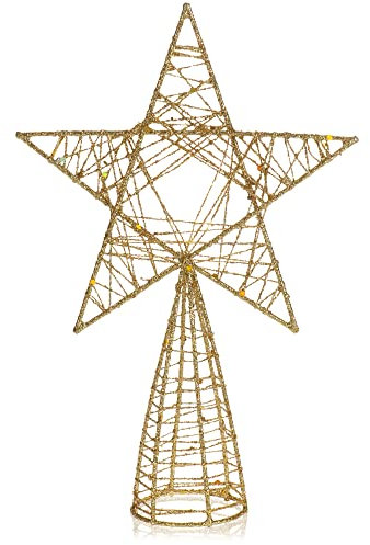 COM-FOUR® Deco Star Christmas - Étoile de décoration de Noël en métal - Poinsettia Debout avec Paillettes - cime de Sapin de Noël dorée (Couleur Or / 21cm)