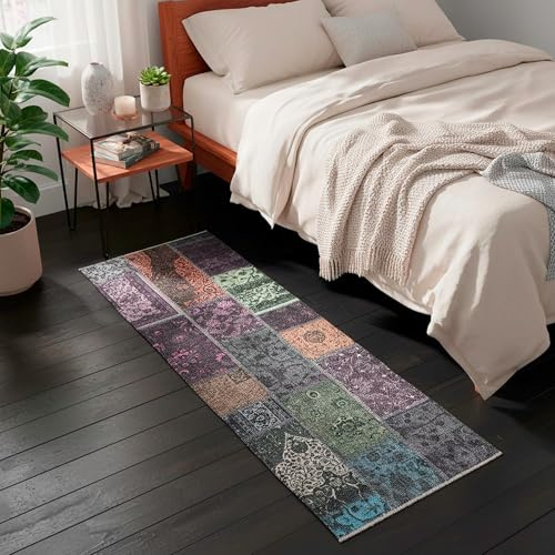 Kelim Patchwork Teppich Mehrfach 80 X 145 cm - Maschinenwaschbar - Moderner Kurzflor Wohnzimmer Teppich - Super Soft