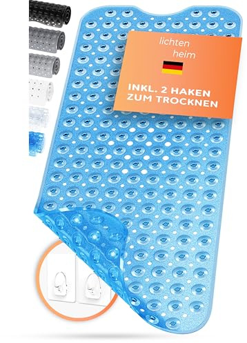 LICHTENHEIM Duschmatte rutschfest Sensitiv 100x40 cm Blau-Durchsichtig | INKL 2 HAKEN, Badewannenmatte rutschfest, Antirutschmatte Badewanne BPA frei, Badematte schimmelresistent, waschbar