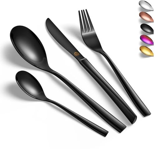 Vancasso - Cubertería (24 piezas, juego de cubiertos para 6 personas, punta cuadrada con 1 cuchillo, 1 tenedor, 2 cucharas, acero inoxidable, pulido espejo, seguridad para lavavajillas, color negro