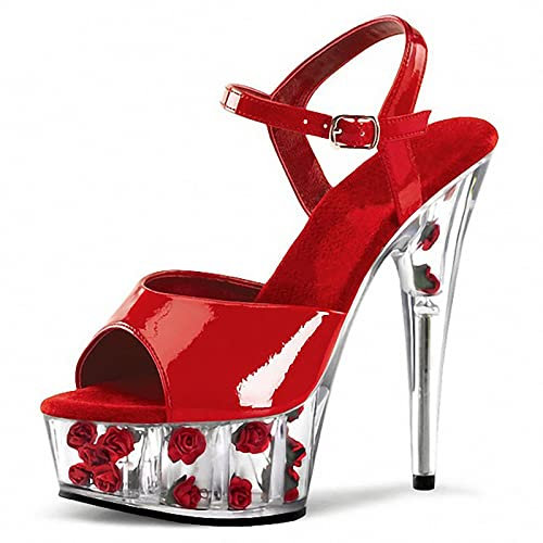 HYDgfiuf Damen Rote Rose Plateau Sandalen Pumps,Exotische Stiletto High Heels,Sexy Stripper Performance Pole Dance Schuhe Hochzeitsfeier Ballschuhe,Übergröße,Rot,37