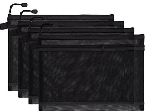 scicent Plastic Wallets A4 Zipped Wallets 4 Pcs Zip Wallet Zipper Bags Ziplock Bags Mesh Document File Folders for Offices Home Travel School Supplies, A4, Black