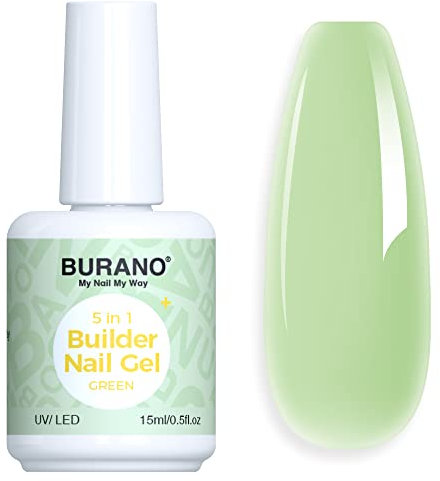 BURANO 5 in 1 Builder Base Strengthening Gel 15ml 0.5 oz, Gel Nail Polish for Hard Gel Nail Extension Quick Building Gel, Builder Gel in a Bottle for Nail Pro & Beginner (Green)