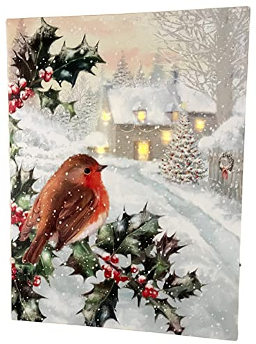 Darthome Snowy Robin LED Canvas Art Christmas Holly Bush Light Up House Window Wall Decor 30cm x 40cm