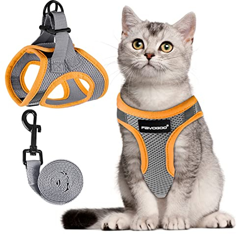 FAYOGOO Katzengeschirr mit Leine Klettverschluss Ausbruchsicher für Katzen | Mit reflektierenden Streifen für Sichtbarkeit bei Dunkelheit, als Schleppleine und Laufleine für Outdoor-Training geeignet